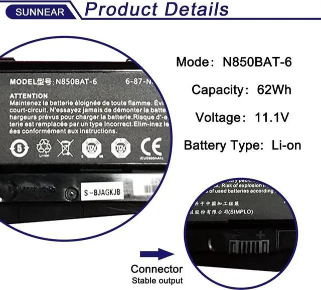 Alt view image 2 of 7 - SUNNEAR N850BAT-6 62Wh Battery Replacement for CLEVO N870 N870HK Z6-KP Z6-KP5GT Z7M-KP Z7M-KP7G1 T58-T1 T6TI Series Laptop 6-87-N850S-6E71 6-87-N850S-4U41 11.1V 5500mAh