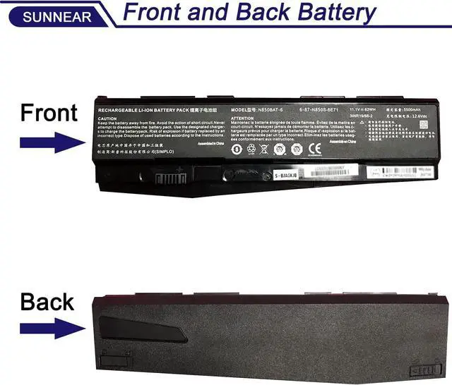Alt view image 3 of 7 - SUNNEAR N850BAT-6 62Wh Battery Replacement for CLEVO N870 N870HK Z6-KP Z6-KP5GT Z7M-KP Z7M-KP7G1 T58-T1 T6TI Series Laptop 6-87-N850S-6E71 6-87-N850S-4U41 11.1V 5500mAh