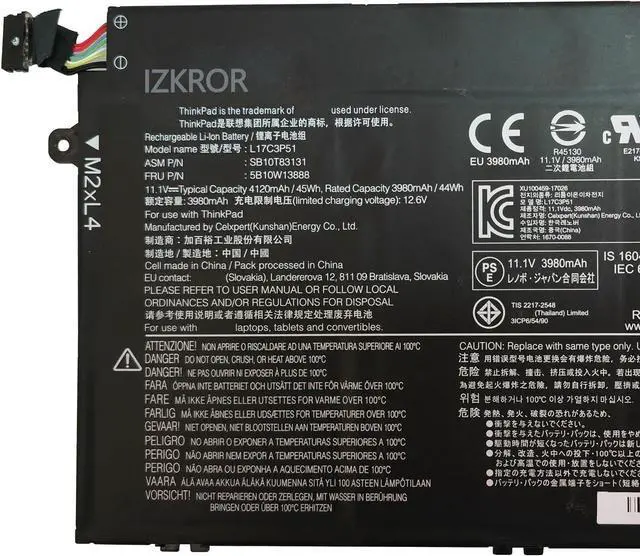 Alt view image 2 of 5 - IZKROR L17C3P51 45Wh 4120mAh Battery Replacement for Lenovo ThinkPad E480 E485 E490 E495 E580 E585 E590 E595 E14 E15 E41-55 E41-50 Series Laptop SB10K97609 01AV448 L17L3P51 L17M3P52 L17M3P51 11.1V