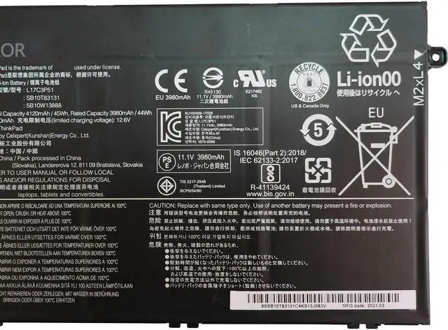 Alt view image 3 of 5 - IZKROR L17C3P51 45Wh 4120mAh Battery Replacement for Lenovo ThinkPad E480 E485 E490 E495 E580 E585 E590 E595 E14 E15 E41-55 E41-50 Series Laptop SB10K97609 01AV448 L17L3P51 L17M3P52 L17M3P51 11.1V