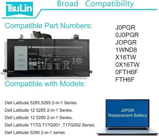 Alt view image 6 of 7 - J0PGR Laptop Battery Compatible with Dell Latitude 5285 E5285 5290 2-in-1 Series T17G T17G001 T17G002 JOPGR 0J0PGR X16TW 0X16TW FTH6F 0FTH6F FTG78 1WND8 RDYCT 0RDYCT 7.6V 42Wh 5250mAh 4-Cell