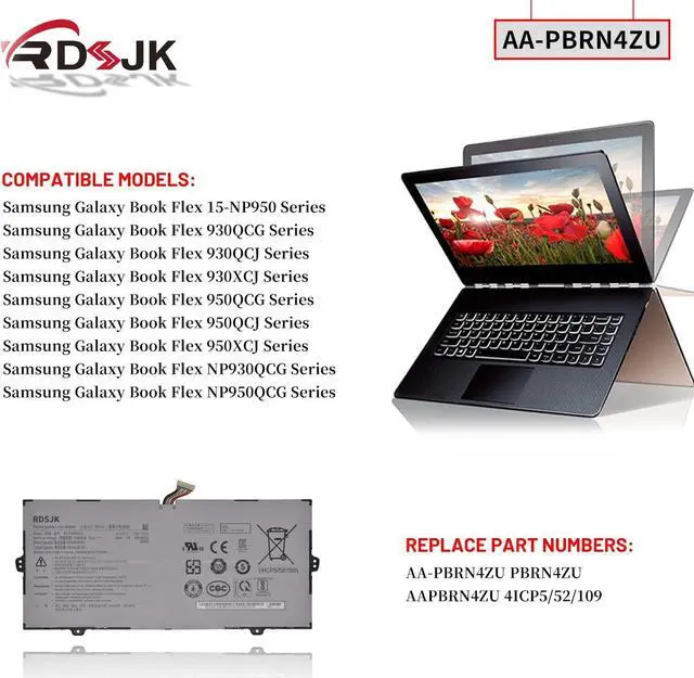 Alt view image 3 of 7 - AA-PBRN4ZU Laptop Battery for Samsung Galaxy Book Flex 930QCG 930QCJ 930XCJ NP930QCG NP930QCG-K01 950QCG 950QCG-X01 950QCG-X03 950QCJ 950XCJ NP950QCG NP950QCG-X01 NP950QCG-K01US Series 15.4V 66.9Wh