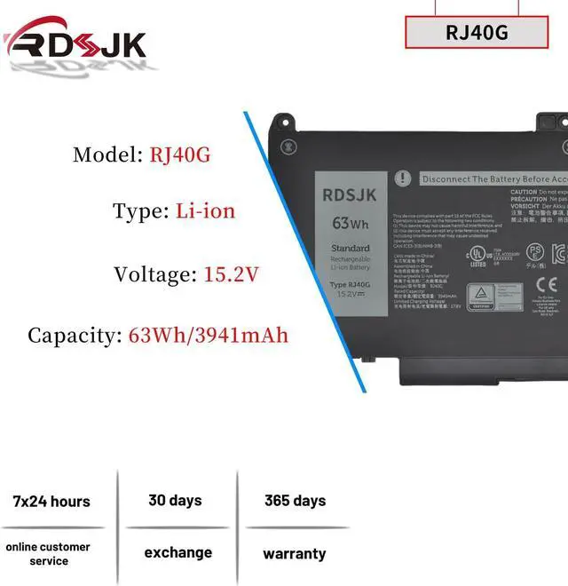 Alt view image 2 of 7 - RJ40G M033W 1K2CF Laptop Battery for Dell Latitude 14 5420 15 5520 Precision 15 3560 WK3F1 M3KCN 01K2CF 075X16 WY9DX 0M033W 0WK3F1 0M3KCN 005R42 FDTCY P137G P137G001 P104F P104F001 P104F002 15.2V 63Wh