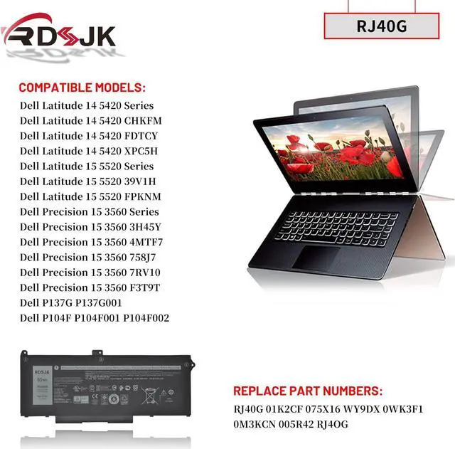 Alt view image 3 of 7 - RJ40G M033W 1K2CF Laptop Battery for Dell Latitude 14 5420 15 5520 Precision 15 3560 WK3F1 M3KCN 01K2CF 075X16 WY9DX 0M033W 0WK3F1 0M3KCN 005R42 FDTCY P137G P137G001 P104F P104F001 P104F002 15.2V 63Wh