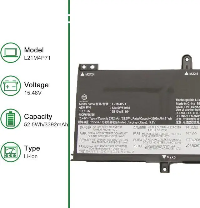 Alt view image 2 of 5 - L21M4P71 Laptop Battery Replacement for Lenovo ThinkPad T14 P14s Gen 3 2022 Gen 4 2023 Series SB10W51965 5B10W51864 SB10W52000 5B10W51899 L21C4P71 L21D4P71 L21M4P72 L21L4P71 15.48V 52.5Wh