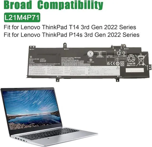 Alt view image 4 of 5 - L21M4P71 Laptop Battery Replacement for Lenovo ThinkPad T14 P14s Gen 3 2022 Gen 4 2023 Series SB10W51965 5B10W51864 SB10W52000 5B10W51899 L21C4P71 L21D4P71 L21M4P72 L21L4P71 15.48V 52.5Wh