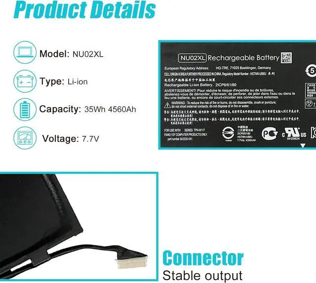 Alt view image 2 of 7 - NU02XL Laptop Battery Replacement for HP Pavillion X360 M1 M1-U001DX 11-U007TU 11-U018CA 11-U012TU 11-U020CA Series 844200-850 843535-541 NU02035XL HSTNN-UB6U HSTNN-UB6V TPN-W117 7.7V 35Wh