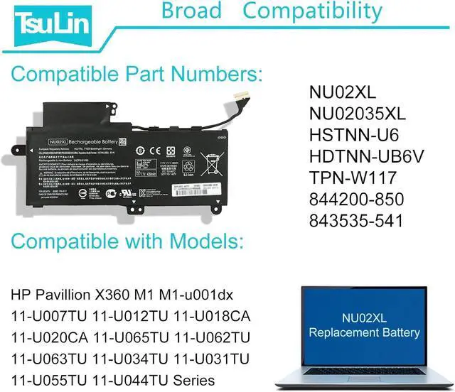 Alt view image 6 of 7 - NU02XL Laptop Battery Replacement for HP Pavillion X360 M1 M1-U001DX 11-U007TU 11-U018CA 11-U012TU 11-U020CA Series 844200-850 843535-541 NU02035XL HSTNN-UB6U HSTNN-UB6V TPN-W117 7.7V 35Wh