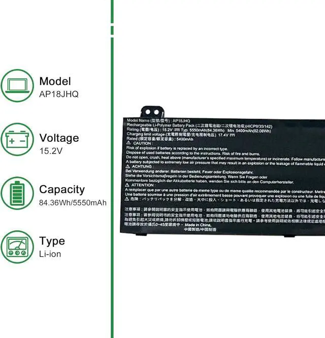 Alt view image 2 of 6 - JIAZIJIA AP18JHQ Laptop Battery Replacement for Acer Predator Triton 500 PT515-51 PT515-52 Series Notebook 15.2V 84.36Wh 5550mAh