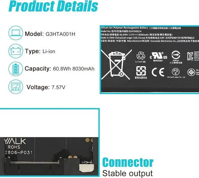 Alt view image 2 of 7 - G3HTA001H 93HTA001H Keyboard Battery Compatible with Microsoft Surface Book 1 1st Gen Model 1785 with Performance Base (GTX 965M) Enhanced Edition 7.57V 60.8Wh 8030mAh