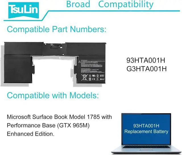 Alt view image 6 of 7 - G3HTA001H 93HTA001H Keyboard Battery Compatible with Microsoft Surface Book 1 1st Gen Model 1785 with Performance Base (GTX 965M) Enhanced Edition 7.57V 60.8Wh 8030mAh