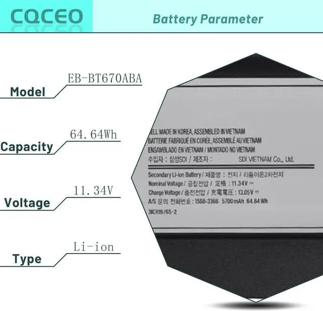 Alt view image 3 of 7 - CQCEO EB-BT670ABA EB-BT670ABE Laptop Battery for Samsung Galaxy View 18.4" SM-T670 SM-T677A Series AA2GA26BS AA2GC05BS AA2H305BS AA2GB07BS AA2GB07B AA1G907KS AA1GA02BS AA2GC16BS 11.34V 64.64Wh