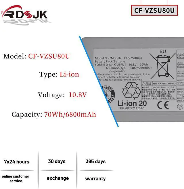 Alt view image 2 of 7 - RDSJ CF-VZSU80U CF-VZSU82U CF-VZSU83U VZSU80U Laptop Battery for Panasonic Toughbook CF-C2 CF-C2AECCHCE Tablet PC CFC2 Series 10.8V 70Wh 6800mAh