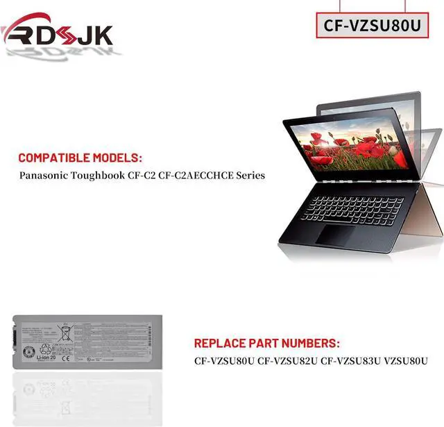 Alt view image 3 of 7 - RDSJ CF-VZSU80U CF-VZSU82U CF-VZSU83U VZSU80U Laptop Battery for Panasonic Toughbook CF-C2 CF-C2AECCHCE Tablet PC CFC2 Series 10.8V 70Wh 6800mAh