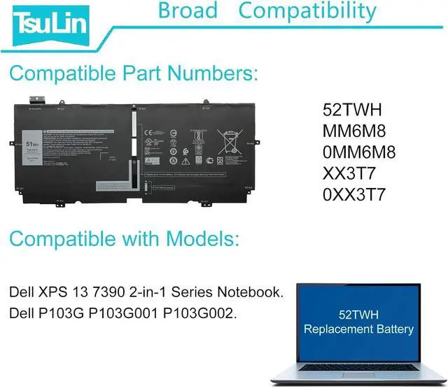 Alt view image 6 of 7 - 51Wh 52TWH Laptop Battery Replacement for Dell XPS 13 7390 2-in-1 Series Notebook P103G P103G001 P103G002 MM6M8 0MM6M8 XX3T7 0XX3T7 7.6V 4Cell