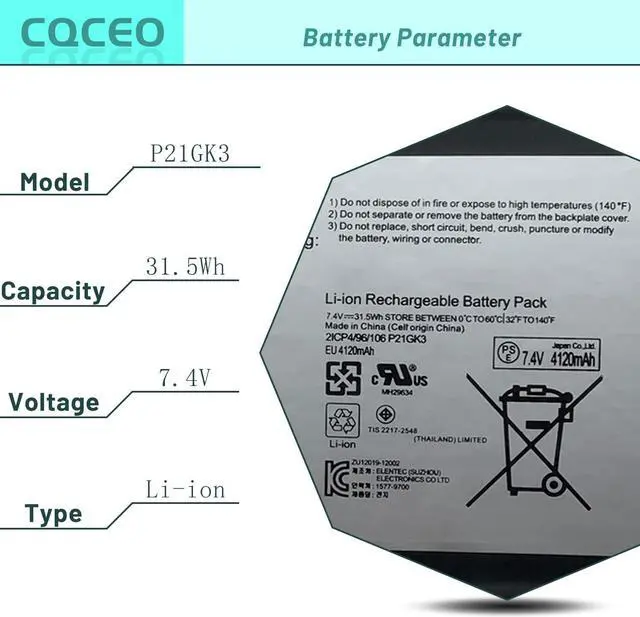 Alt view image 3 of 7 - CQCEO P21GK3 Laptop Battery for Samsung SDI Microsoft Surface RT 1ST 1516 21CP4/106/96 7.4V/31.5Wh/4120mAh