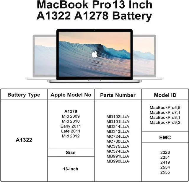 Alt view image 2 of 7 - New A1322 A1278 Laptop Replacement Battery for 2009 2010 2011 2012 MacBook Pro 13 inch Batteryfits MB990LL/A MB991ll/A MD101LL/A MD102LL/A MC374ll/A MC375LL/A MC700ll/A 661-5229 661-5557 020-6