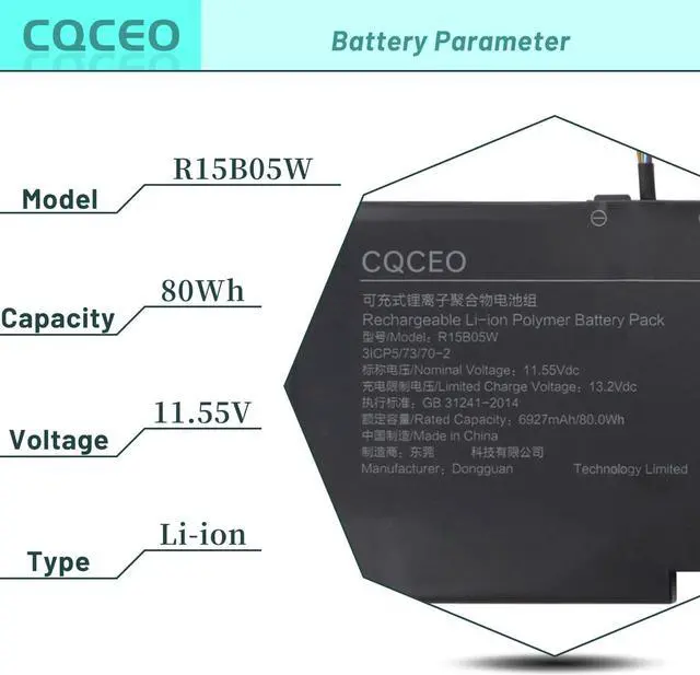 Alt view image 3 of 7 - CQCEO R15B05W Laptop Battery Replacement for Xiaomi Pro X15 R15B05W 31CP5/73/70-2 11.55V 6927mAh/80wh 8FCTC