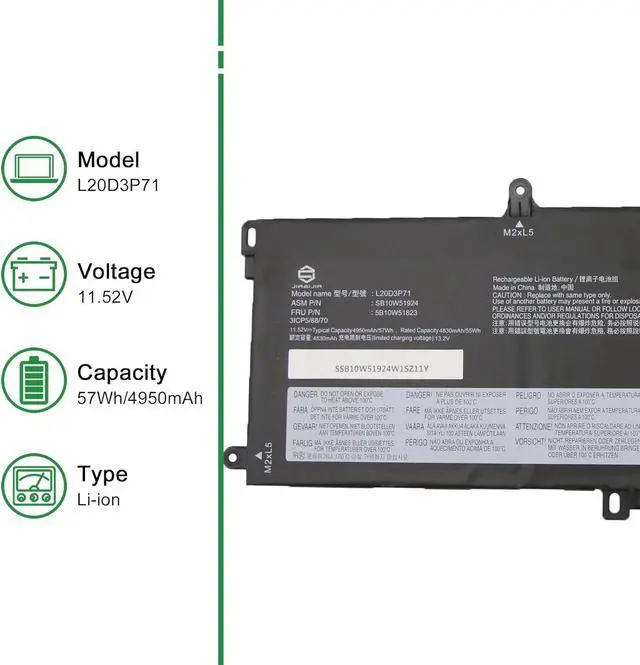 Alt view image 2 of 5 - L20D3P71 SB10W51924 5B10W51823 Battery Replacement for Lenovo ThinkPad T590 T15 P53S P15S Series 02DL012 L18M3P71 SB10K97650 02DL011 L18L3P71 SB10K97649 SB10T83156 SB10T83157 SB10W51930 11.52V 57Wh
