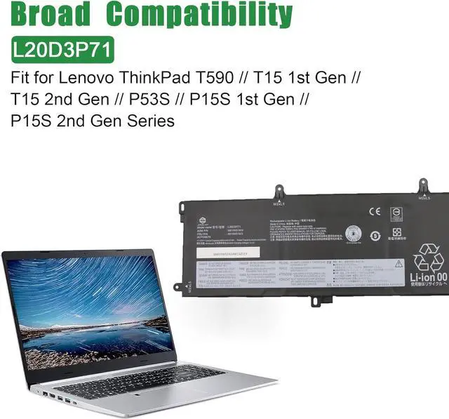 Alt view image 4 of 5 - L20D3P71 SB10W51924 5B10W51823 Battery Replacement for Lenovo ThinkPad T590 T15 P53S P15S Series 02DL012 L18M3P71 SB10K97650 02DL011 L18L3P71 SB10K97649 SB10T83156 SB10T83157 SB10W51930 11.52V 57Wh