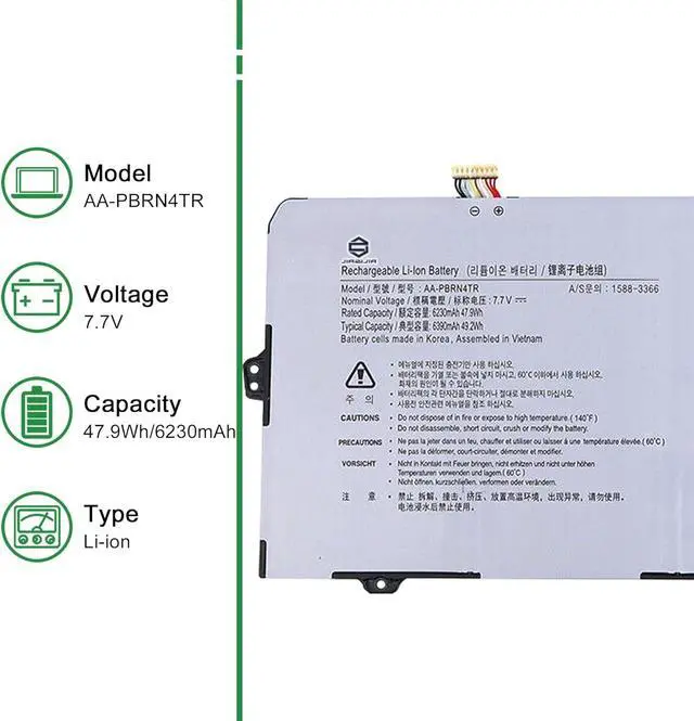 Alt view image 2 of 6 - JIAZIJIA AA-PBRN4TR Laptop Battery Replacement for Samsung Galaxy Chromebook XE930QCA XE930QCA-K02US XE930QCA-K01US Series Notebook 7.7V 47.9Wh 6230mAh