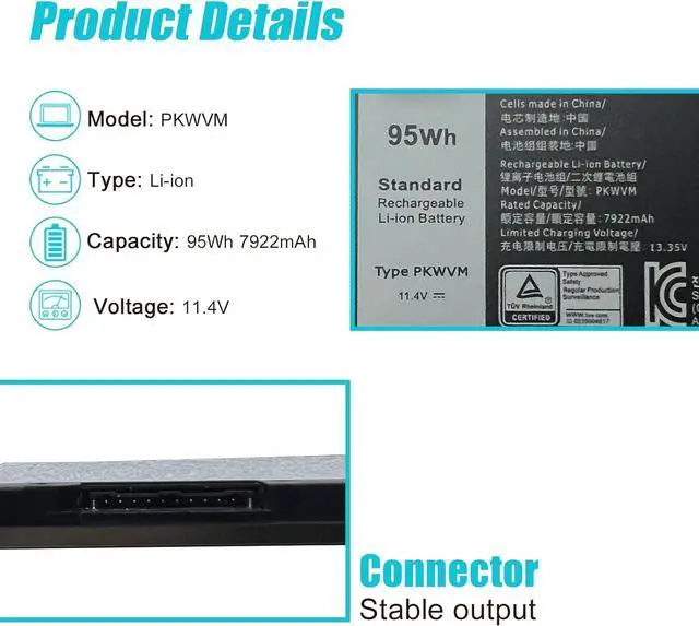 Alt view image 2 of 7 - PKWVM 95Wh Battery Compatible with Dell Precision 7550 7750 7760 7560 Series Laptop C903V CR72X 0CR72X 0447VR 068N03 11.4V 7922mAh 6-Cells