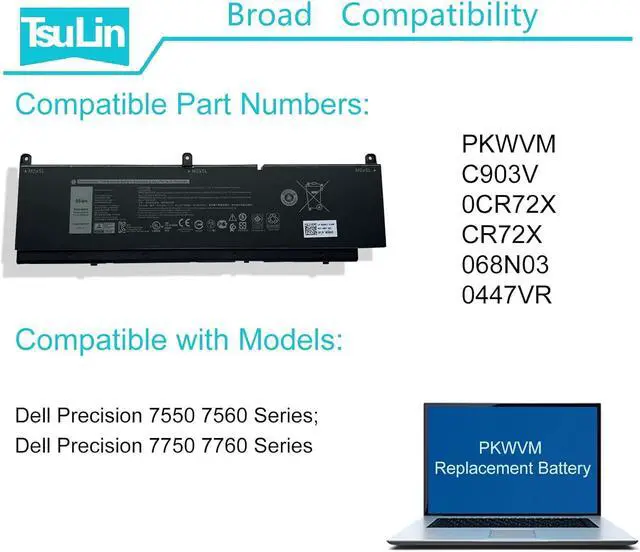 Alt view image 6 of 7 - PKWVM 95Wh Battery Compatible with Dell Precision 7550 7750 7760 7560 Series Laptop C903V CR72X 0CR72X 0447VR 068N03 11.4V 7922mAh 6-Cells