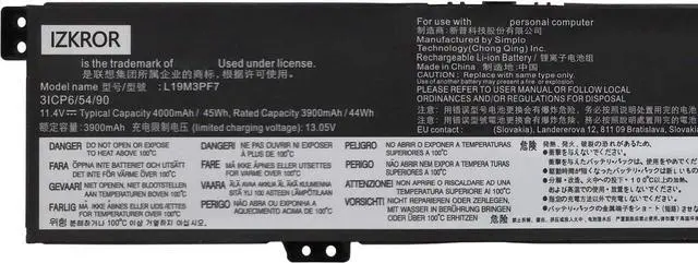 Alt view image 2 of 5 - IZKROR L19M3PF7 45Wh 4000mAh Battery Replacement for Lenovo Ideapad Gaming 3-15IMH05 3-15ARH05 Creator 5-15IMH05 Series SB10W89840 5B10W89843 L19D3PF4 SB10W89842 L19L3PF3 L19D3PF4 11.4V