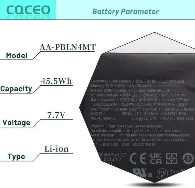 Alt view image 3 of 7 - CQCEO AA-PBLN4MT Laptop Battery Replacement for Samsung XE520QEA-KB1US Series 21CP5/58/70-2 7.7V 45.5Wh/5920mAh