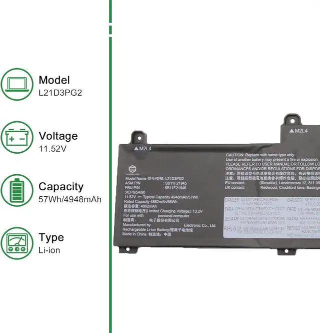 Alt view image 2 of 5 - L21D3PG2 Laptop Battery Replacement for Lenovo Thinkpad L14 L15 Gen 3 Gen 4 C14 Chromebook Gen 1 Series SB11H56243 5B11H56342 L21M3PG2 SB11H56245 5B11H56344 L21C3PG2 SB11H56244 11.52V 57Wh