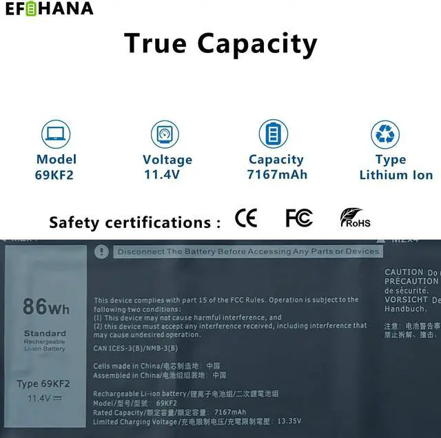 Alt view image 2 of 6 - EFOHANA 69KF2 Laptop Battery Replacement for XPS 15 9500 Precision 5550 M15 R3 2020 ALW15M-5758W M17 R3 2020 Series Notebook 8FCTC 08FCTC 70N2F 070N2F 11.4V 86Wh 7167mAh