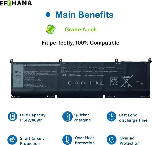 Alt view image 3 of 6 - EFOHANA 69KF2 Laptop Battery Replacement for XPS 15 9500 Precision 5550 M15 R3 2020 ALW15M-5758W M17 R3 2020 Series Notebook 8FCTC 08FCTC 70N2F 070N2F 11.4V 86Wh 7167mAh