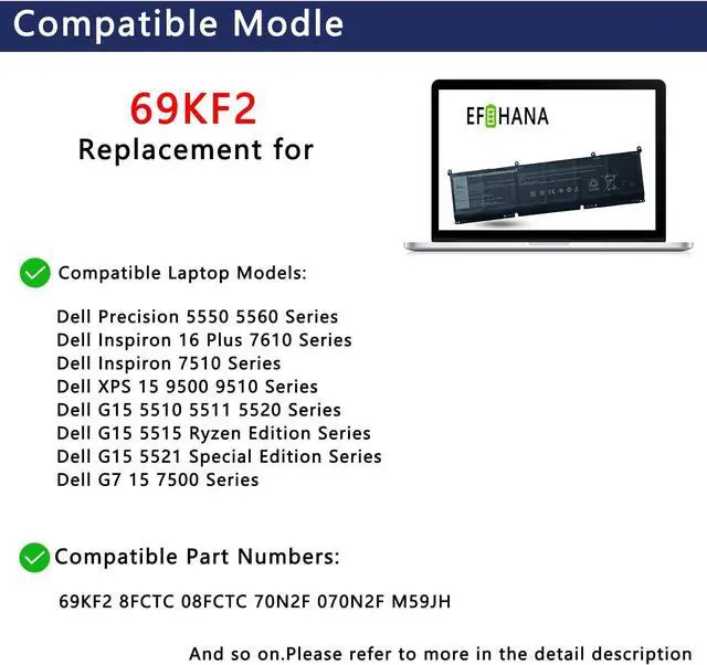 Alt view image 5 of 6 - EFOHANA 69KF2 Laptop Battery Replacement for XPS 15 9500 Precision 5550 M15 R3 2020 ALW15M-5758W M17 R3 2020 Series Notebook 8FCTC 08FCTC 70N2F 070N2F 11.4V 86Wh 7167mAh