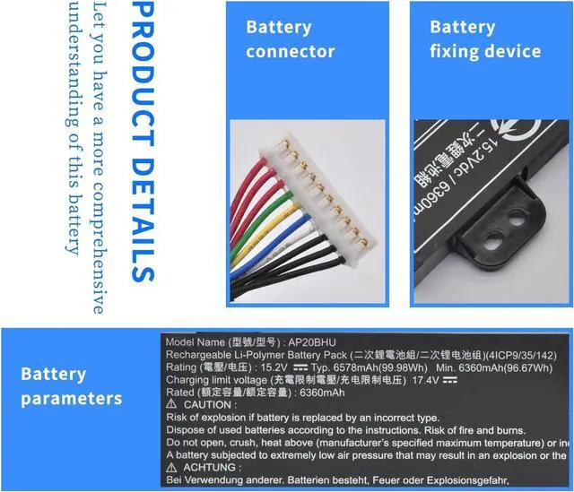 Alt view image 4 of 7 - AP20BHU Long Cable Laptop Battery For Acer Predator Triton 500 SE 16" PT516-51S PT516-51S-70TP PT516-51S-71Q2 PT516-51S-72KR PT516-51S-76LF PT516-51S-78CR PT516-51S-92CB PT516-51S-96BX Series 99.98Wh
