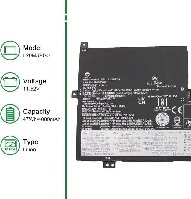 Alt view image 2 of 5 - L20M3PG0 SB11B36311 5B11B36312 Laptop Battery Replacement for Lenovo IdeaPad Flex 3 Chrome 15IJL7 300e Chromebook 3rd Gen Series L20M3PG3 SB11B90371 L20D3PG0 L20C3PG0 L20L3PG0 11.52V 47Wh