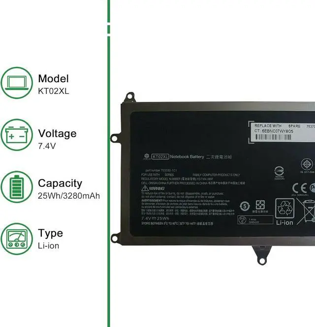 Alt view image 2 of 6 - JIAZIJIA KT02XL 753704-005 Laptop Battery Replacement for Hp Pro X2 612 G1 Tablet Series Notebook HSTNN-IB6F 753330-1C1 7.4V 25Wh