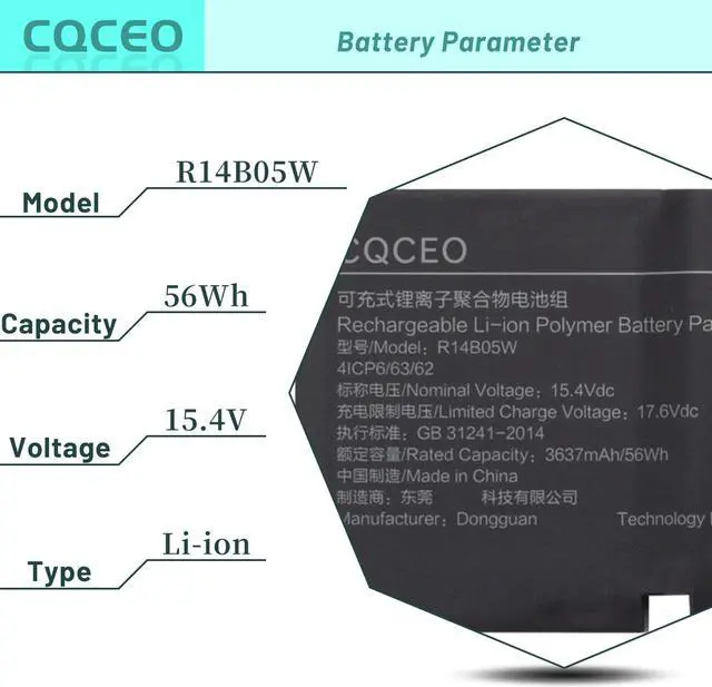 Alt view image 3 of 7 - CQCEO R14B05W Battery for Xiaomi 14" Mi Pro X 14 Series Laptop 41CP6/63/62 15.4V/56Wh/3637mAh