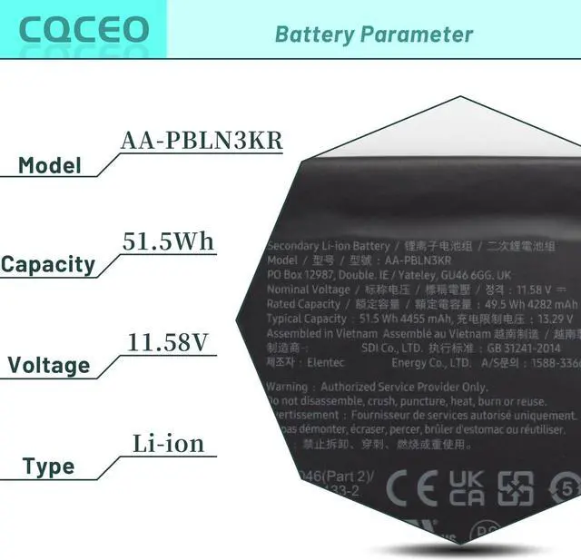 Alt view image 3 of 7 - CQCEO AA-PBLN3KR Battery Replacement for Samsung Laptop 3ICP6/63/72 11.58V /49.5Wh/4282mAh