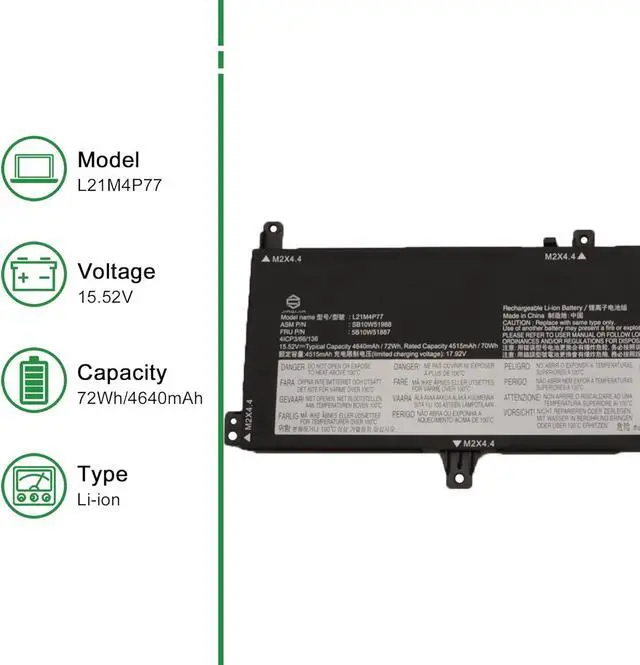 Alt view image 2 of 6 - L21M4P77 Laptop Battery Replacement for Lenovo ThinkPad Z16 Gen 1 2022 Gen 2 2023 Series SB10W51988 5B10W51887 L21C4P74 SB10W51989 5B10W51888 L21D4P76 SB10W51990 5B10W51889 15.52V 72Wh
