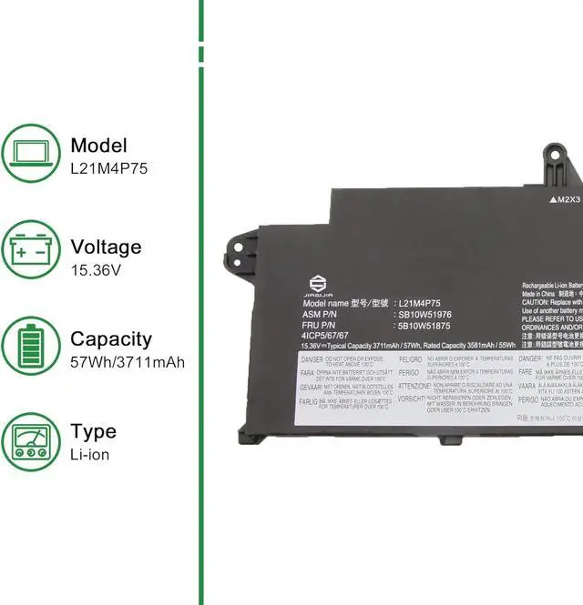 Alt view image 2 of 5 - L21M4P75 SB10W51976 5B10W51875 Laptop Battery Replacement for Lenovo ThinkPad T14s Gen 3 2022 Gen 4 2023 Series SB11M89832 5B11M90031 L21B4P71 SB10W51978 L21L4P73 L21D4P74 15.36V 57Wh