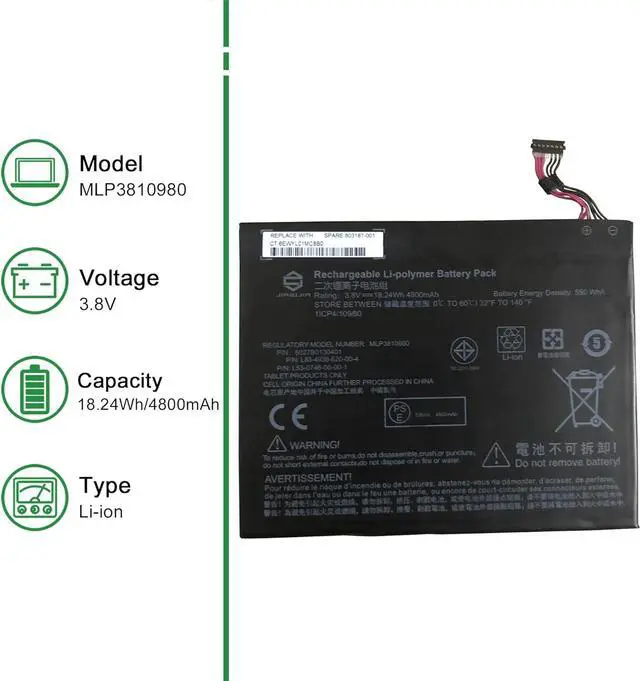 Alt view image 2 of 5 - JIAZIJIA MLP3810980 Laptop Battery Replacement for Hp Pro Slate 12 I508O T5L65PA L4A35UT Series Notebook 803187-001 3.8V 18.24Wh 4800mAh