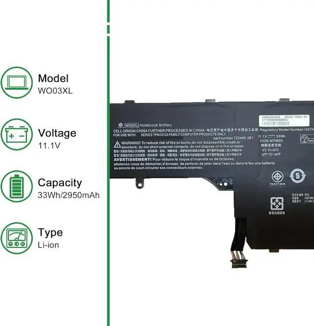 Alt view image 2 of 5 - JIAZIJIA WO03XL Laptop Battery Replacement for Hp Pavilion 13-P100ED 13-P100EL Series Notebook HSTNN-DB5I 725496-2B1 725606-001 11.1V 33Wh 2950mAh
