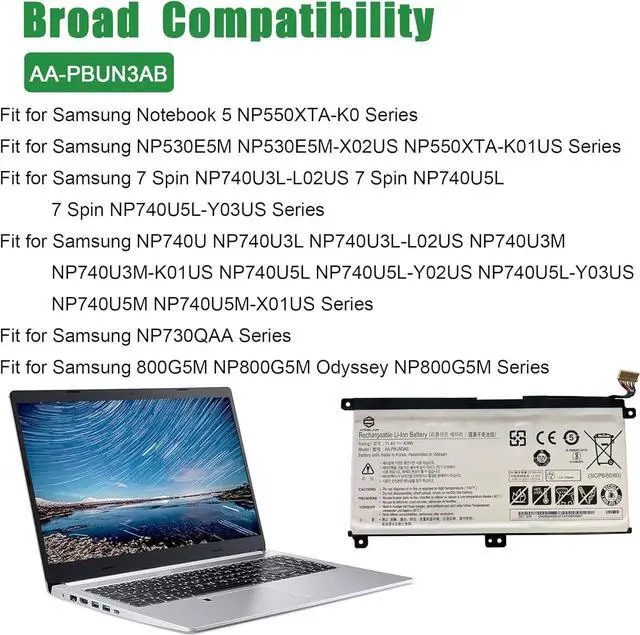 Alt view image 4 of 5 - JIAZIJIA AA-PBUN3AB AA-PBUN3QB Laptop Battery Replacement for Samsung Notebook 5 NP550XTA-K0 Series Notebook 11.4V 43Wh 3780mAh