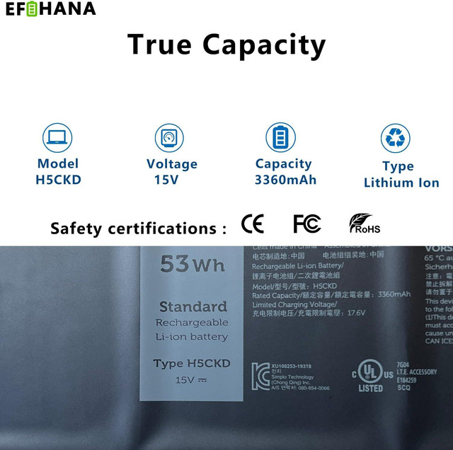 Batterie Portable Dell 15V/53Wh H5CKD - Pour Latitude 3410/3510, Vostro 5300/5500, Inspiron 5300/7300/7405 (Silver) - Lithium-ion
