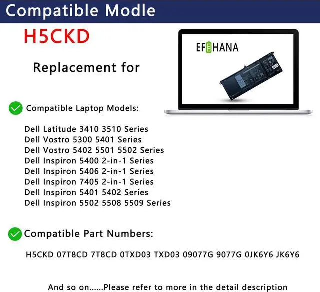 Alt view image 5 of 5 - H5CKD Laptop Battery Replacement for Dell Latitude 3410 3510 Vostro 5300 5301 5401 5501 Inspiron 5300 5401 5408 5501 5508 5400 5406 7405 7300 7500 7506 2-in-1 Silver Edition 7T8CD TXD03 15V 53Wh