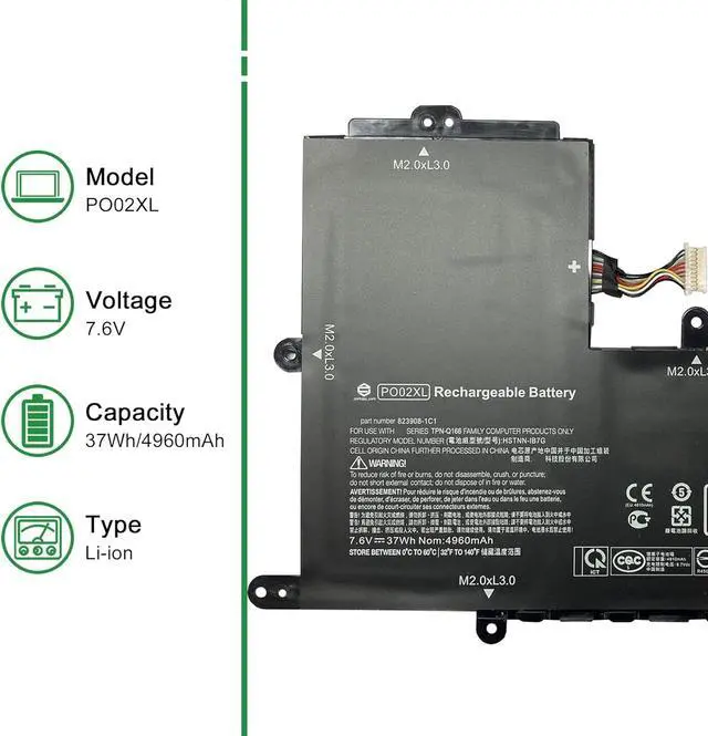 Alt view image 2 of 5 - JIAZIJIA PO02XL 824560-005 Laptop Battery Replacement for Hp Stream 11-R014WM Series Notebook HSTNN-IB7G 823908-1C1 7.6V 37Wh