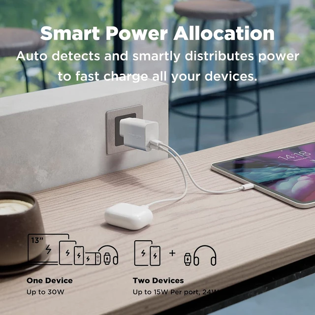 Alt view image 4 of 7 - C3 Duo 30W PD3.0 Dual-Port USB C Wall Charger US Plug 30 Watts Power Adapter Compatible with iPhone 16 iPad MacBook Air Switch (Delta Electronics)