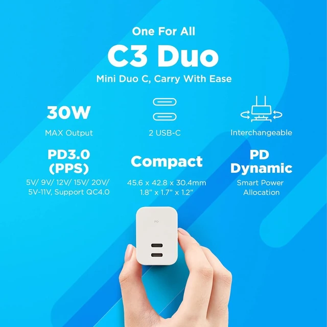 Alt view image 2 of 7 - C3 Duo 30W PD3.0 Dual-Port USB C Wall Charger US Plug 30 Watts Power Adapter Compatible with iPhone 16 iPad MacBook Air Switch (Delta Electronics)