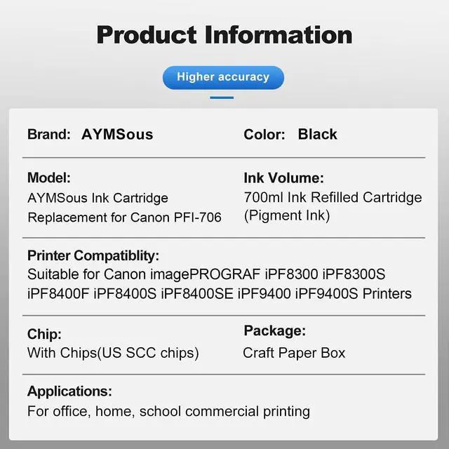 Alt view image 2 of 7 - Ennovor Compatible Pigment Ink Cartridge Replacement for Canon PFI-706 PFI-706BK for Canon imagePROGRAF iPF8300 iPF8300S iPF8400F iPF8400S iPF8400SE iPF9400 iPF9400S (700ML Black Pigment)