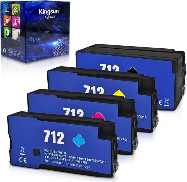 Main image of 712 Ink Cartridges Set 712XL Compatible with HP DesignJet T210 T230 T250 T630 T650 Studio Plotter Printers (4-Pack, Black, Cyan, Magenta, Yellow)